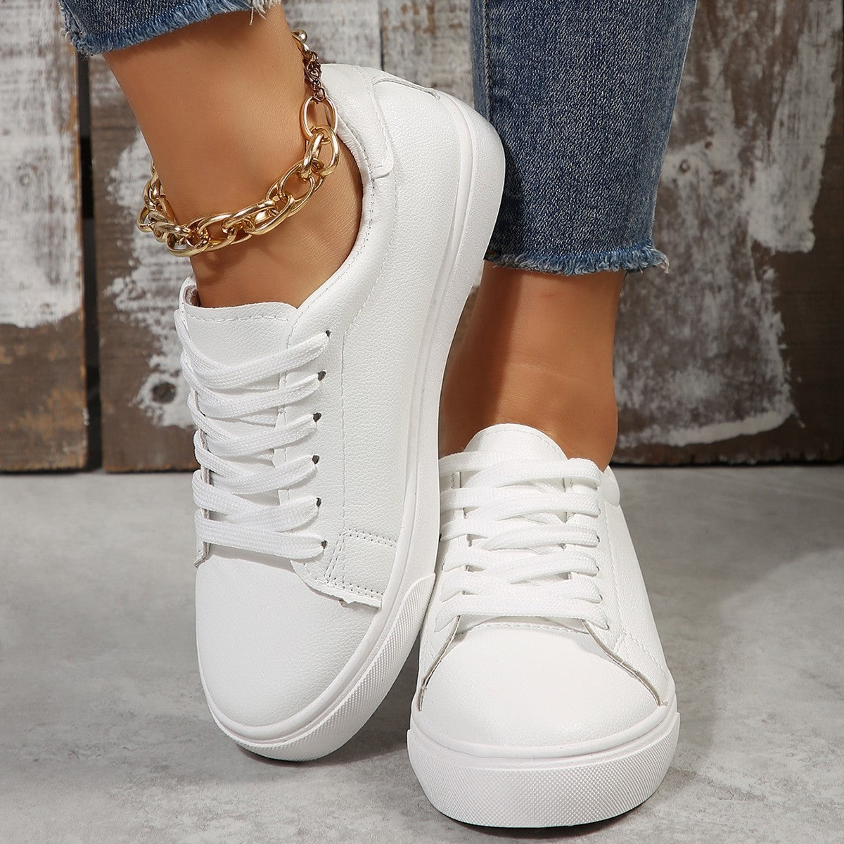 Zapatillas planas informales blancas con cordones para mujer