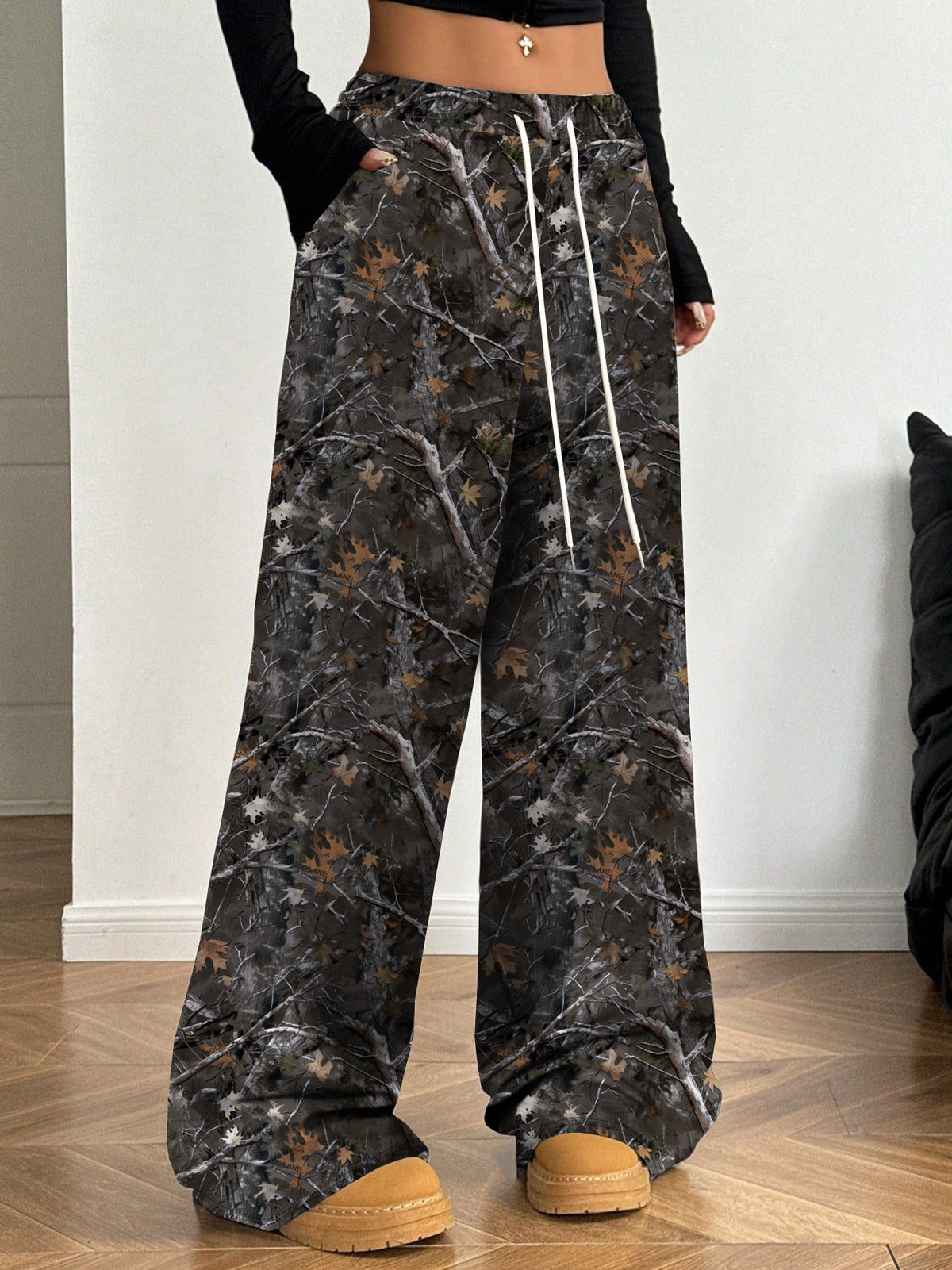 Pantalon large décontracté en coton et élasthanne pour femme, motif camouflage