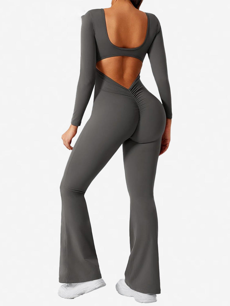 Women Fashion Casual Solid Color Square Neck Long-Sleeve Backless Jumpsuits