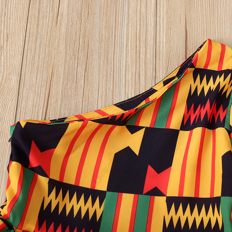 Kids Toddler Girls Casual Color Matching Geometric One-Sleeve Dress