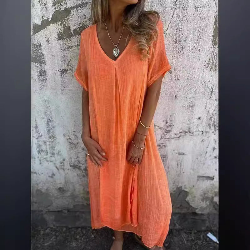 Vestido informal de verano para mujer, holgado, de algodón y lino con cuello en V