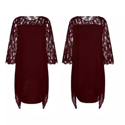 Vestido informal de gasa de manga larga con detalles de encaje para mujer, talla grande