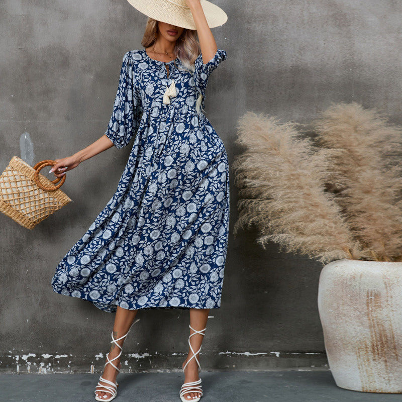 Vestido informal de primavera y verano para mujer, con cintura alta, estampado floral y escote en V