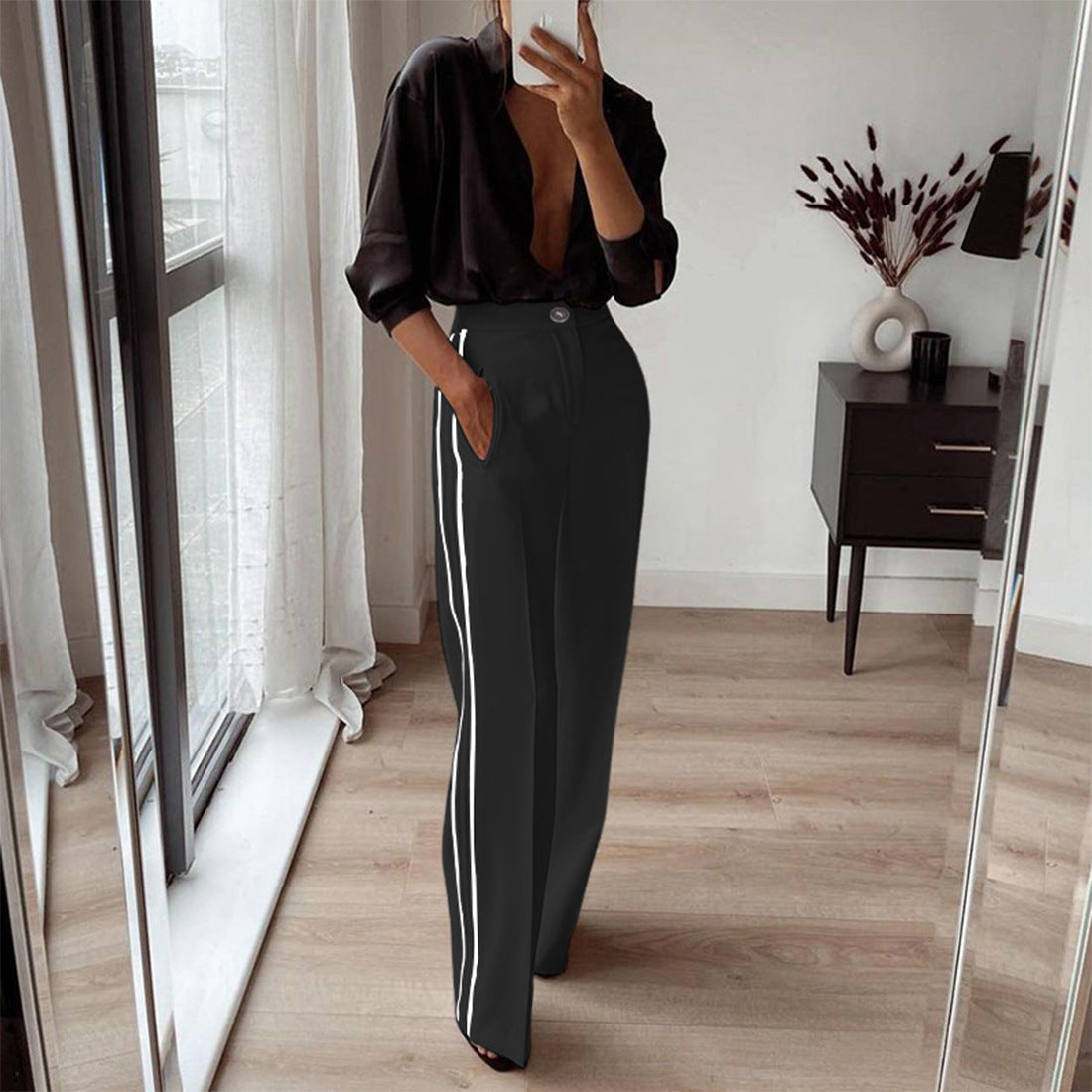 Pantalones rectos casuales de color contrastante de moda para mujer