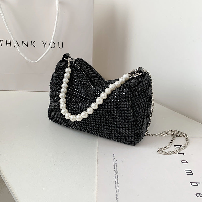 Bolso de cadena de metal con correa de perlas y diamantes de imitación para mujer