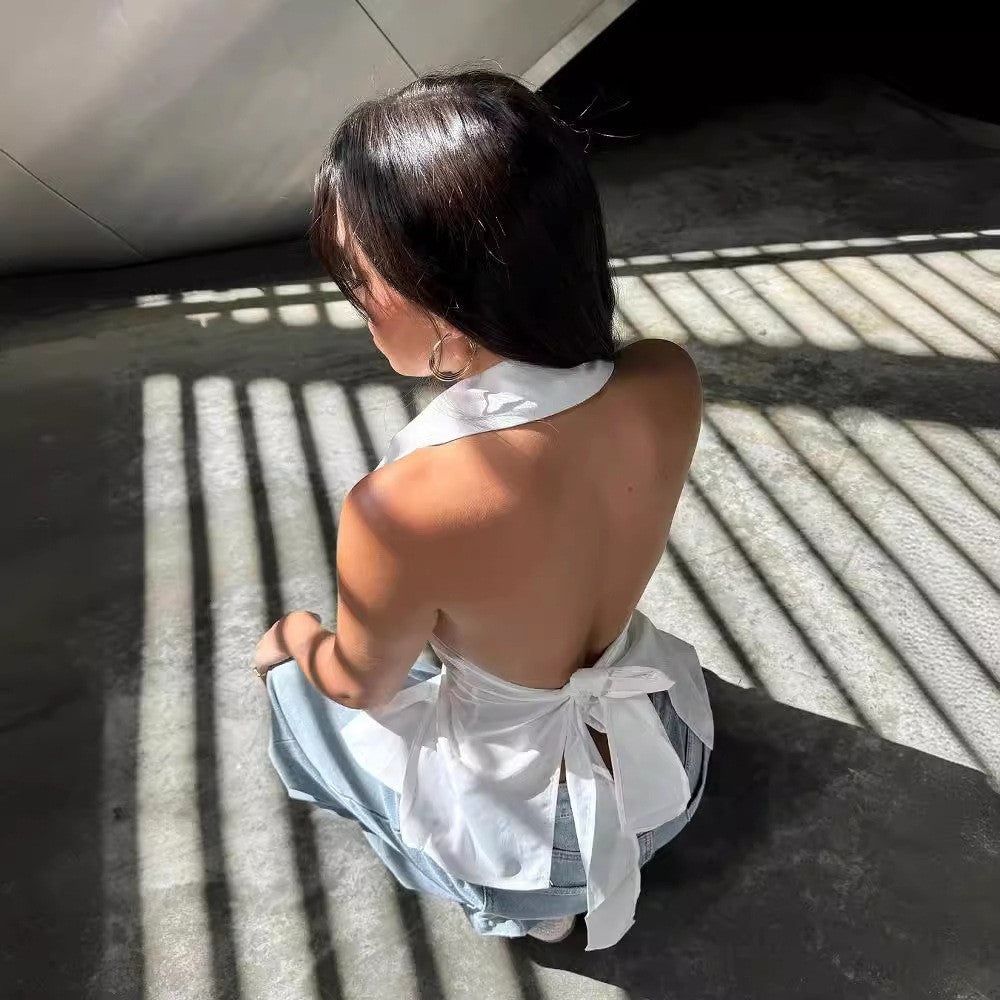 Chemisier sexy sans manches à col licou et couleur unie pour femme