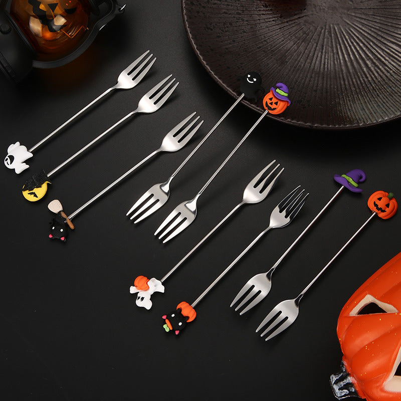 Tenedor y cuchara de acero inoxidable para postres y frutas con dibujos animados de Halloween.
