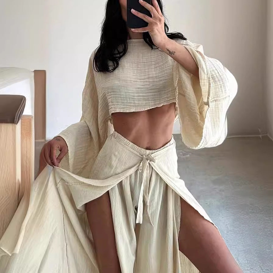 Women Fashion Loose Cotton Linen Long-Sleeve Set