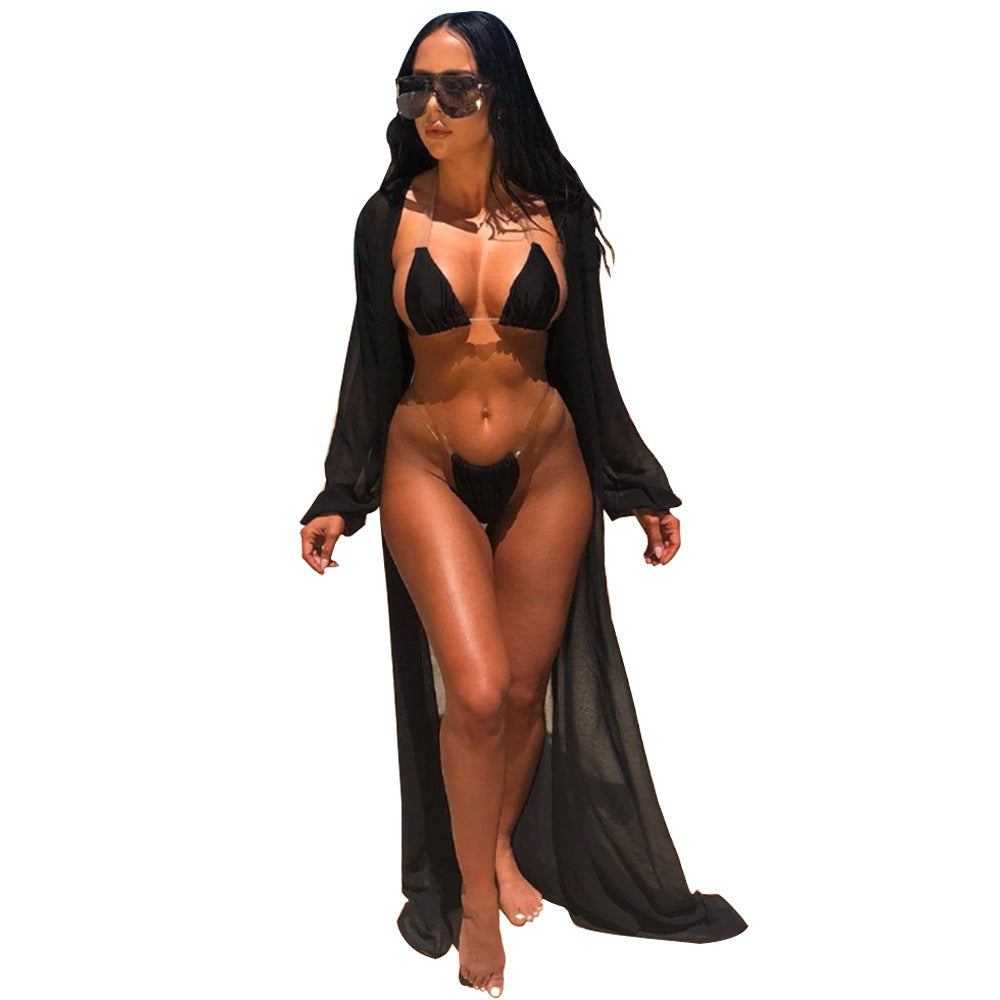 Conjunto de traje de baño de malla de color sólido sexy de moda para mujer