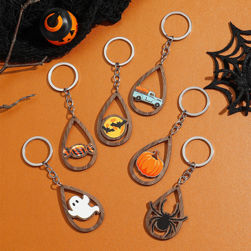 Halloween Women Cartoon Ghost Bat Pumpkin Wooden Keychain