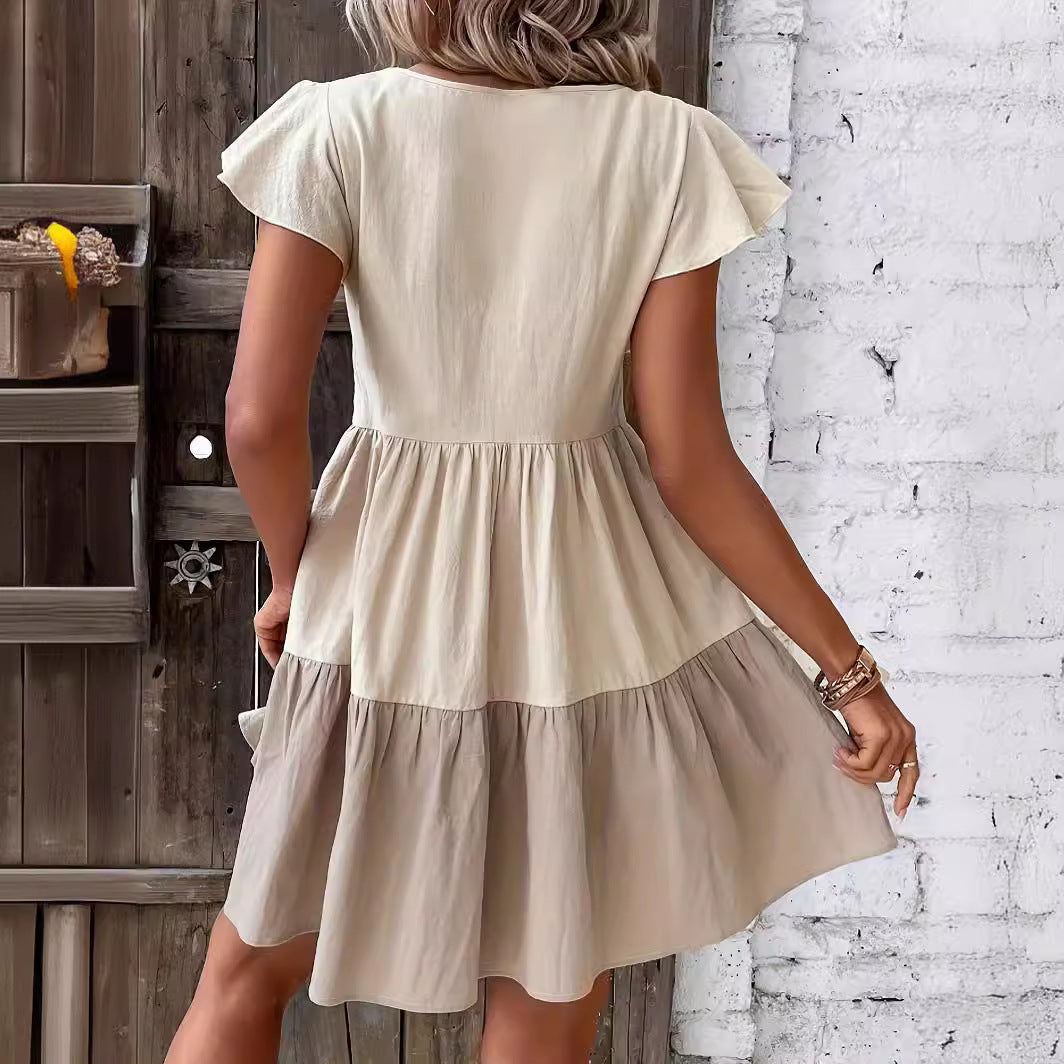 Robe décontractée en coton et lin à col en V pour femme