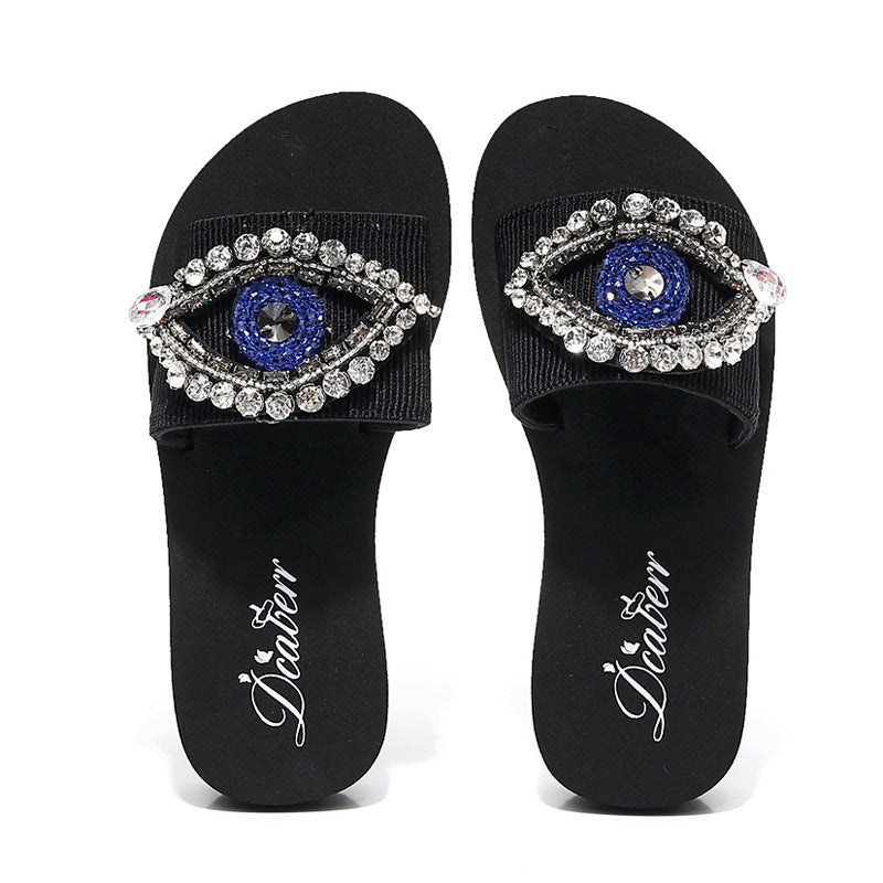 Pantuflas de ojo malvado con diamantes de imitación para mujer de talla grande