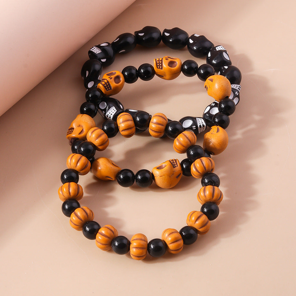 Pulsera de cuentas de calabaza y calavera divertida de Halloween para mujer, juego de 3 piezas