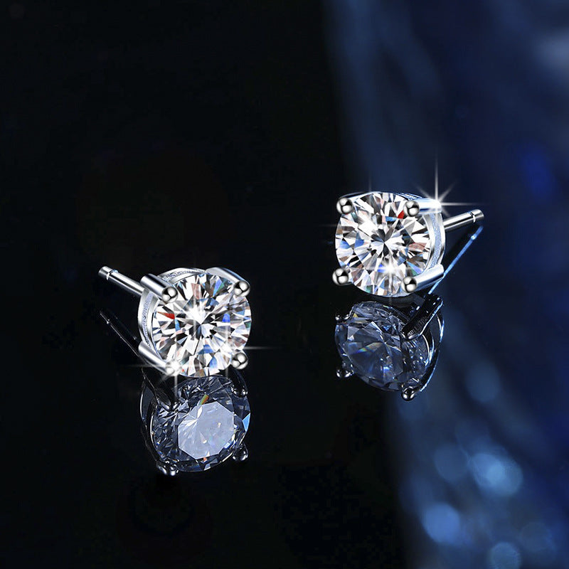 Boucles d'oreilles en argent sterling S925 avec moissanite à quatre griffes - Bijoux géométriques classiques