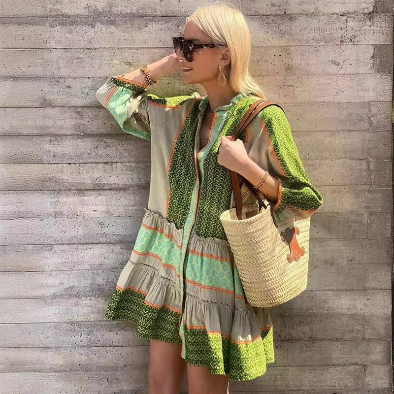 Vestido vintage bohemio de algodón y lino con estampado geométrico para mujer, manga larga