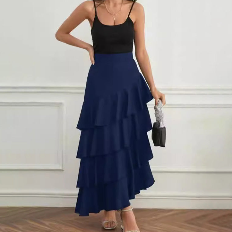 Women Fashion Casual Solid Color Ruffled High Waist Skirt