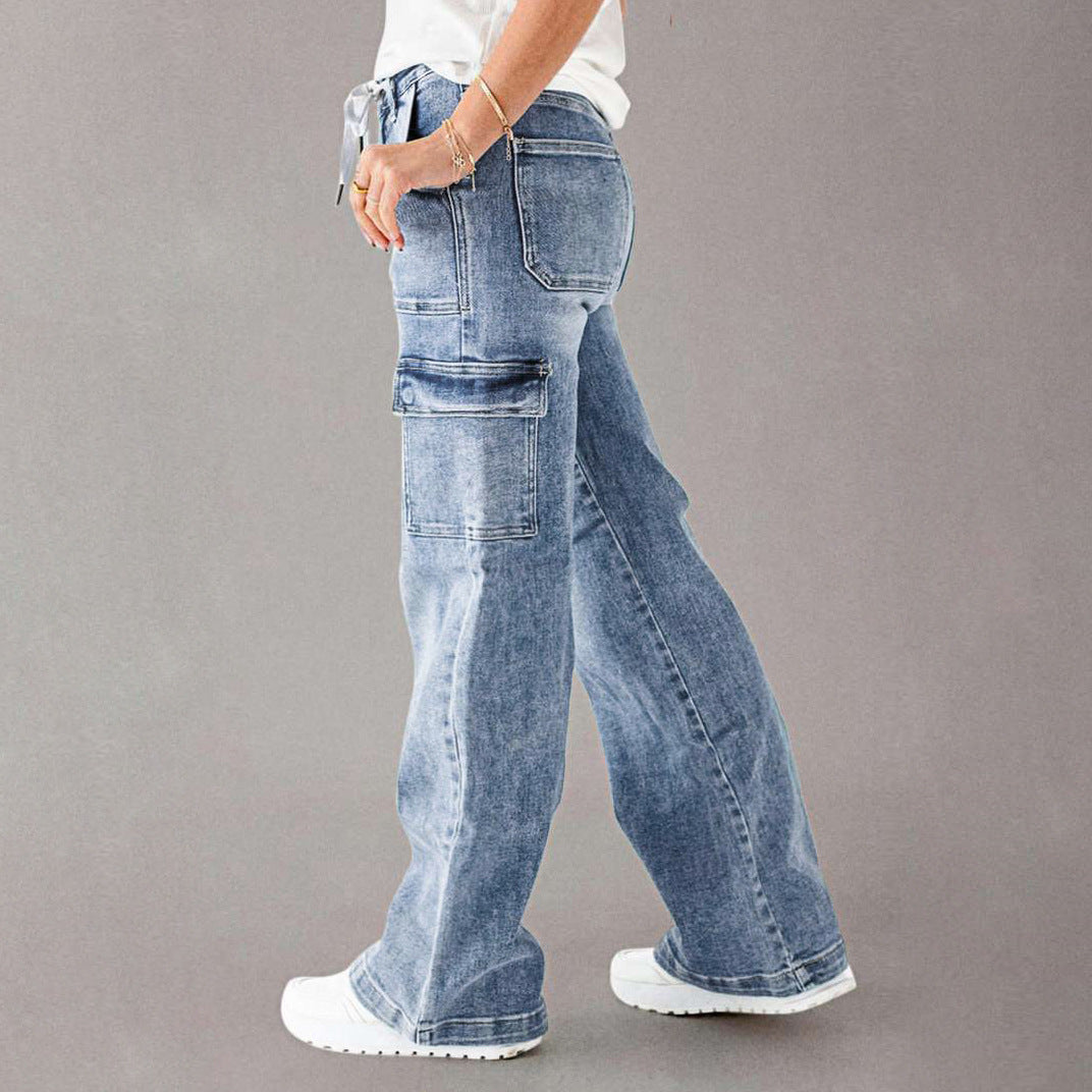 Women Fashion Casual Cargo Jeans with Pockets and Lace-Up Detail