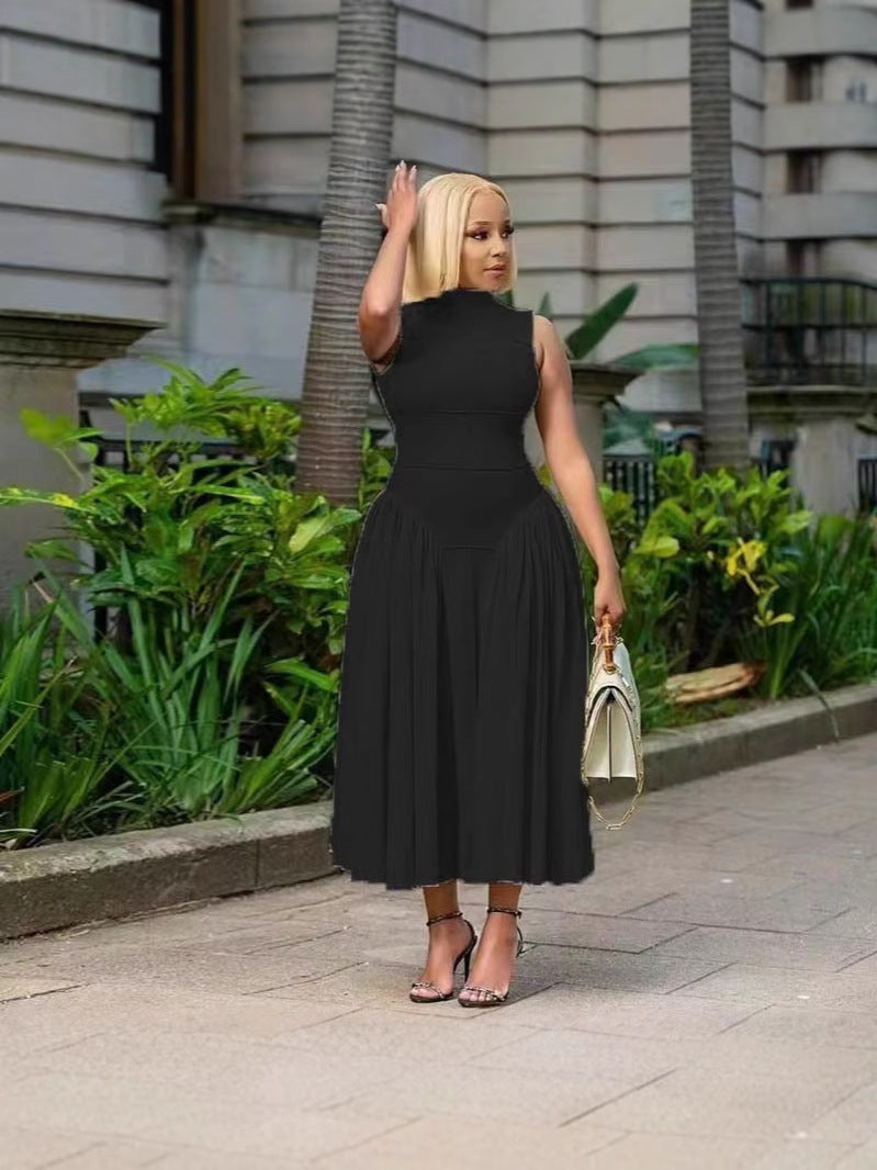 Women Fashion Elegant Solid Color Pleated Dress