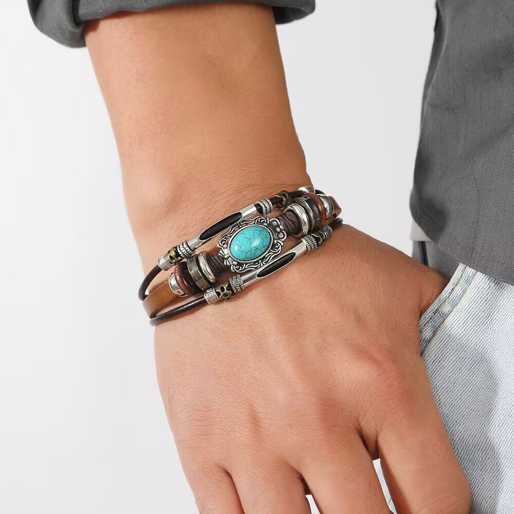 Pulsera de cuero turquesa retro bohemia para hombre
