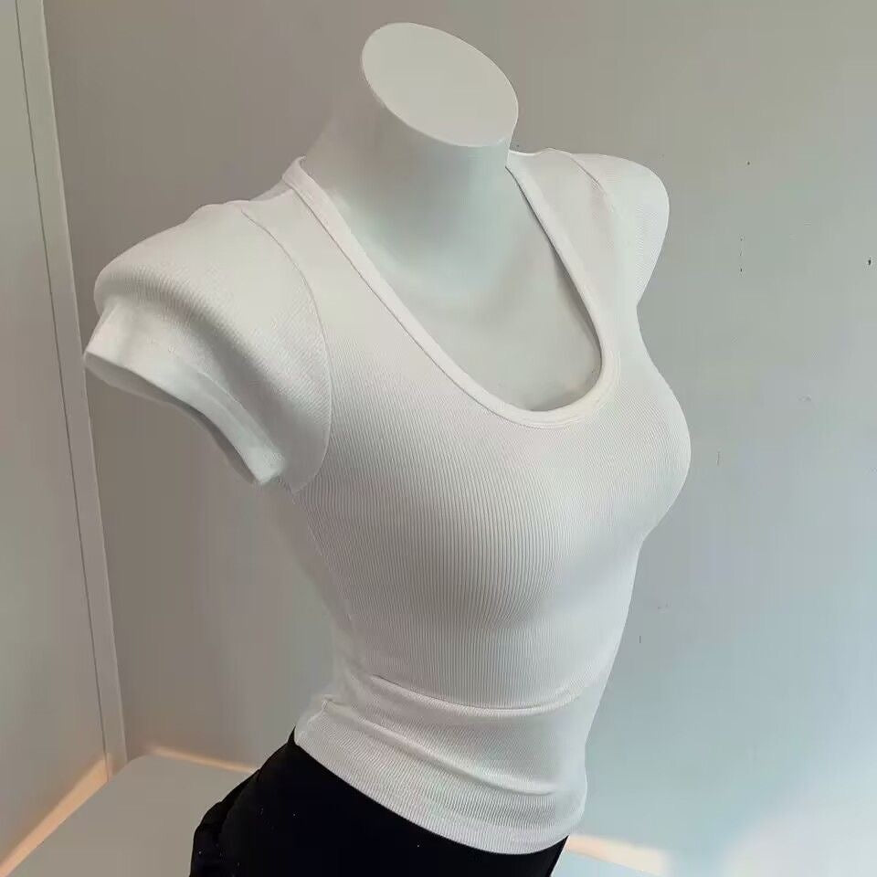 T-shirt slim à col en U pour femme, couleur unie, en mélange de polyester
