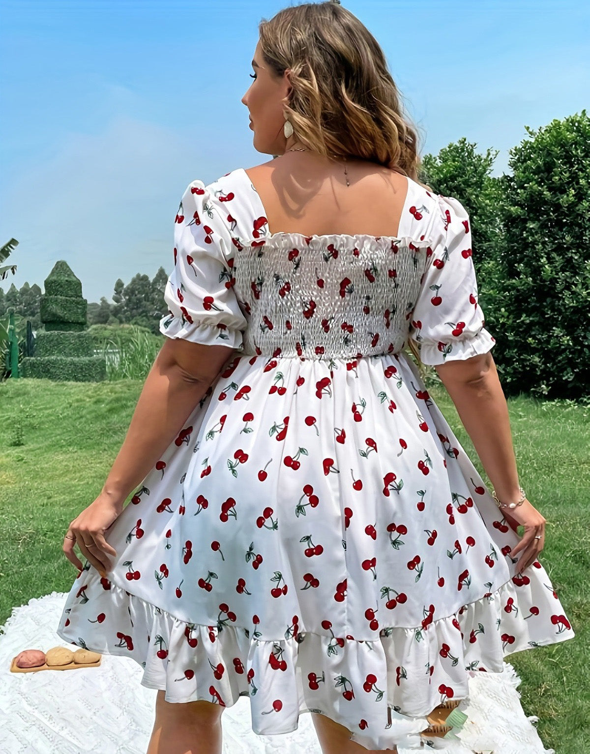 Women Casual Plus Size Cherry Print Bubble Sleeve Dress