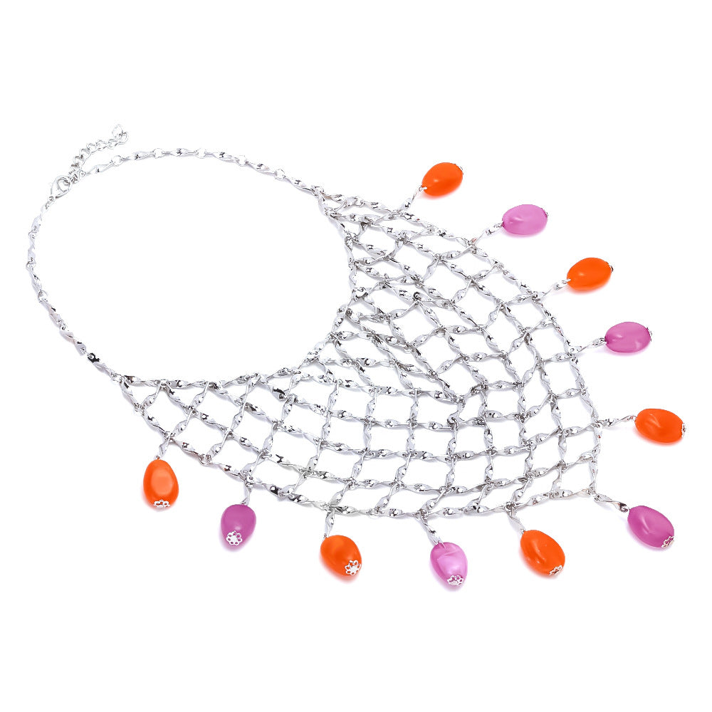Collar creativo de malla metálica tejida a mano para mujer con colgante de cuentas de colores