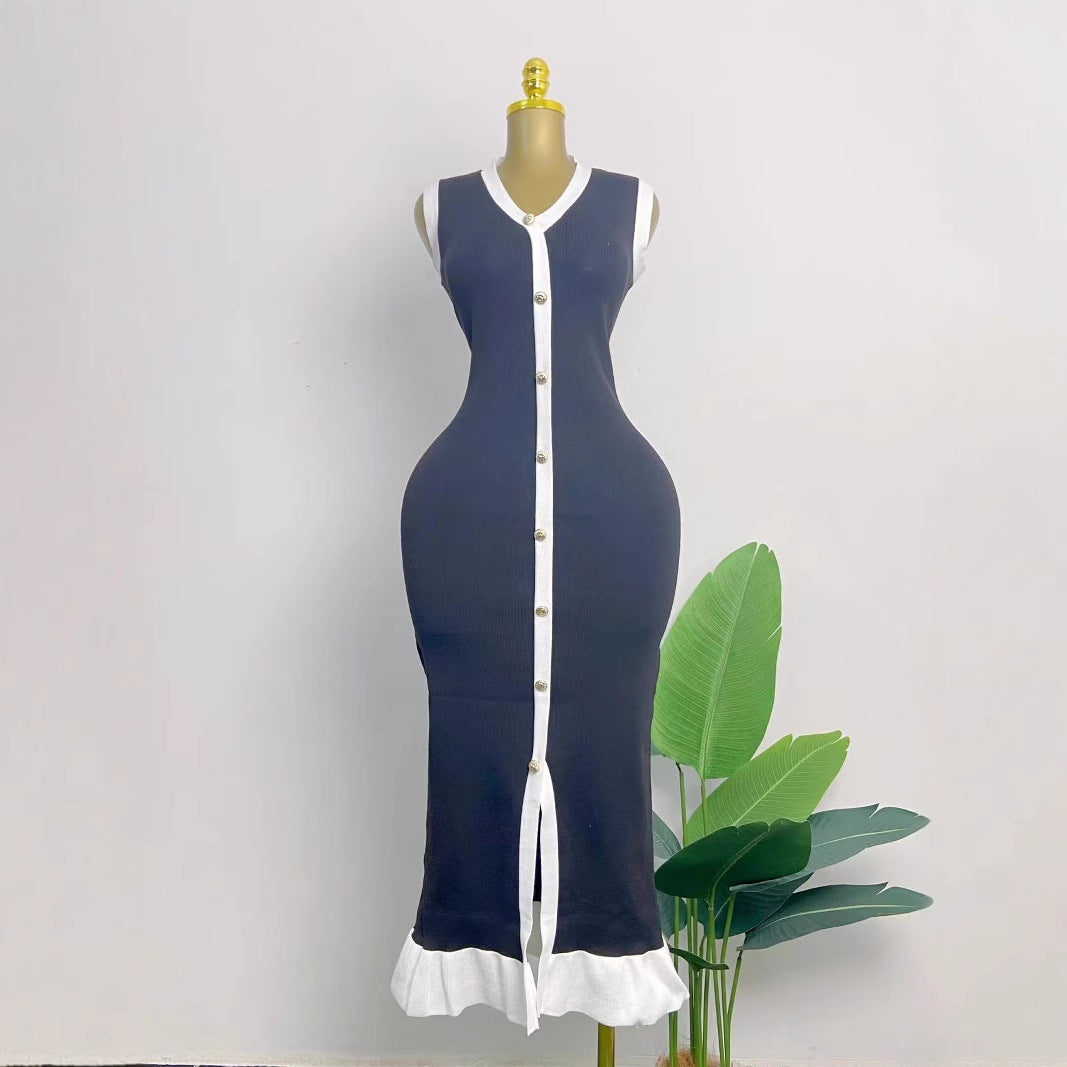 Women Casual Contrast Color Knitted V-Neck Dress
