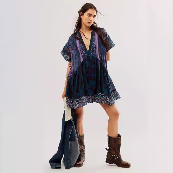 Women Fashion Casual Boho Multicolor Printed Stripe V-Neck Dress
