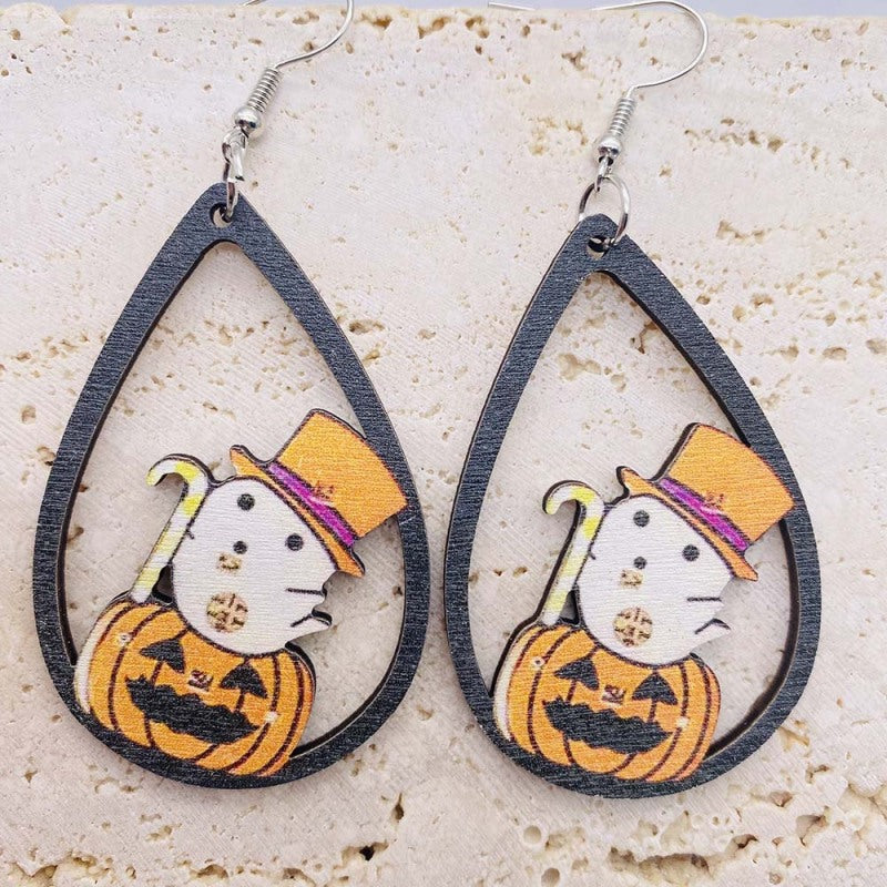 Halloween Women Funny Pumpkin Wizard Wooden Earrings