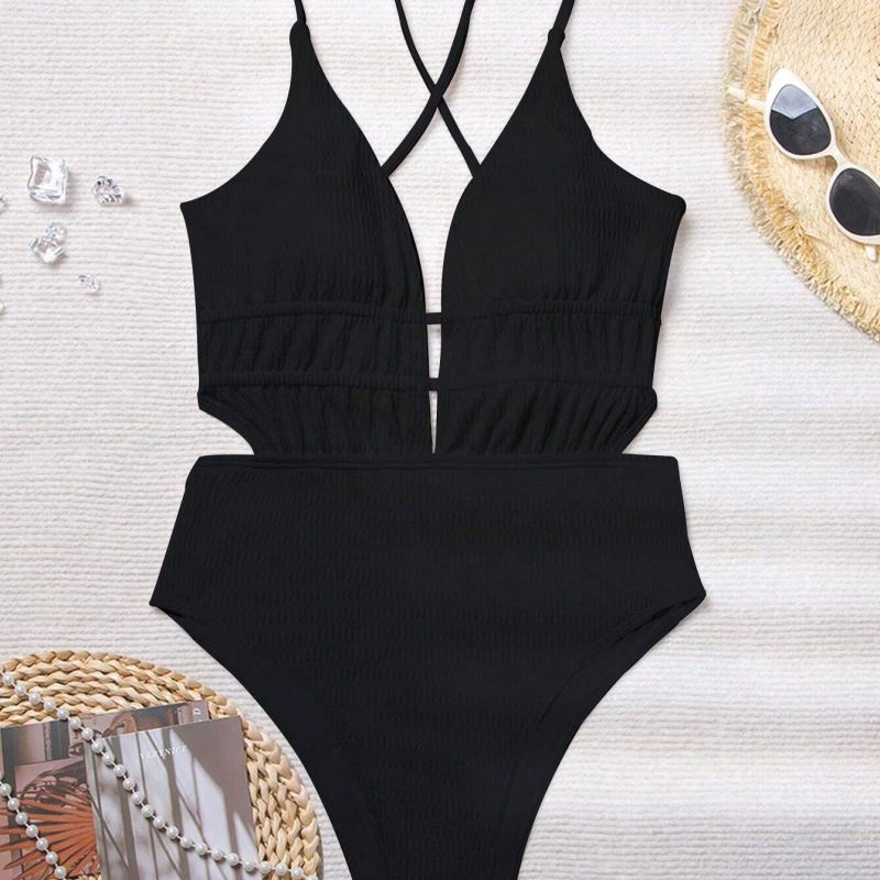 Summer Vacation Women One-Piece Deep V-Neck Swimsuit