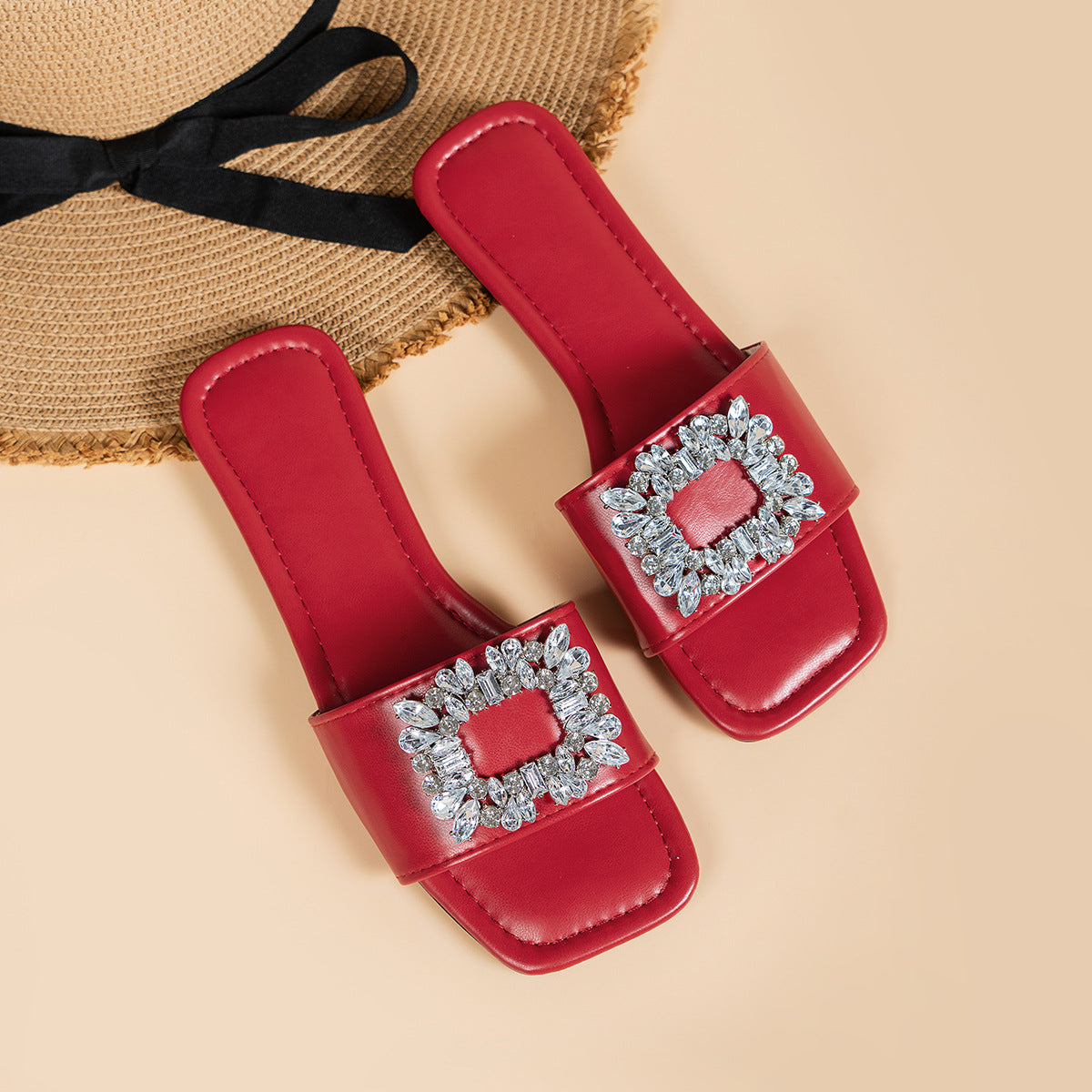 Chaussons plats décontractés à boucle en strass de couleur unie pour femmes