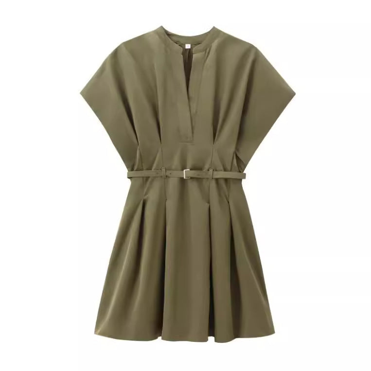 Robe d'été plissée à col en V pour femme, style bureau chic, en coton uni