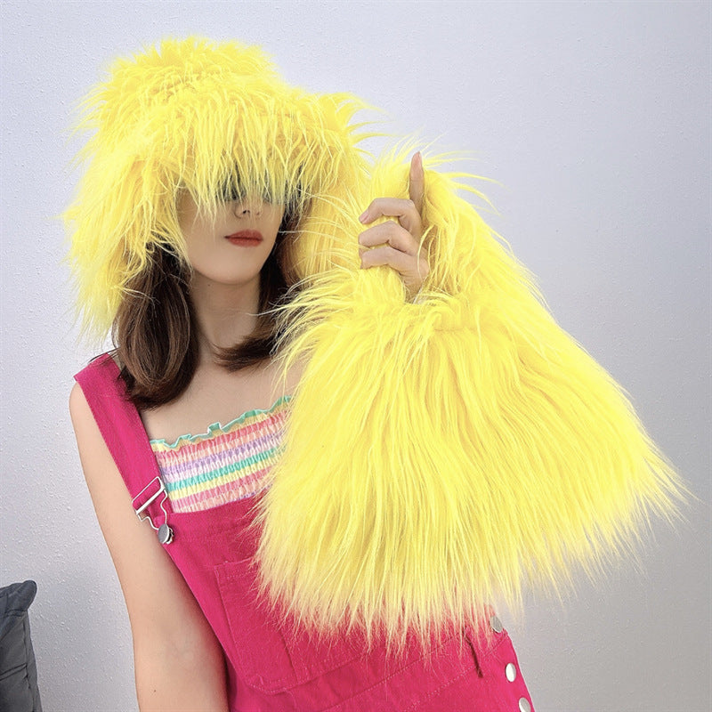 Chapeau de paille en fausse fourrure pour femme, couleurs unies