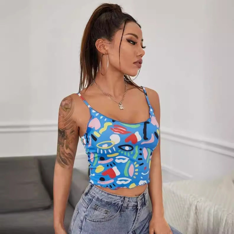 Women Fashion Sexy Printed Camisole Crop Top