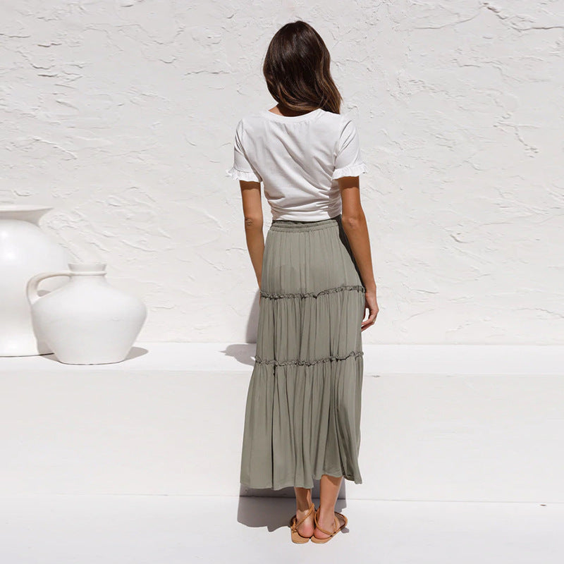 Women High Waist Cotton Linen Pleated Skirt
