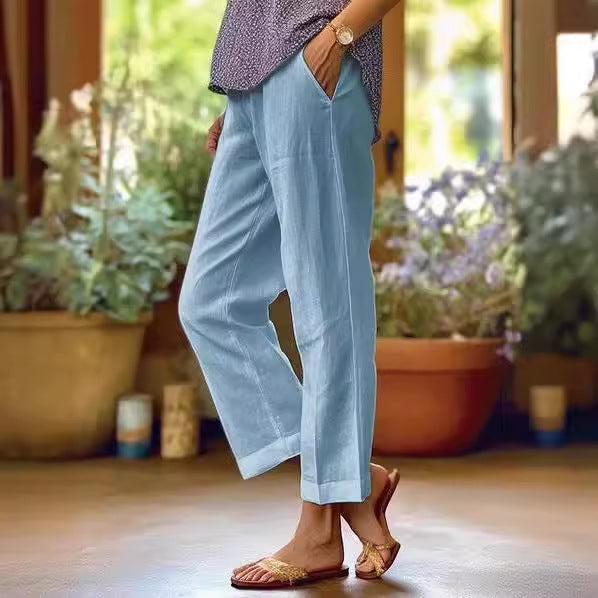 Pantalones casuales de lino y algodón de color liso a la moda para mujer