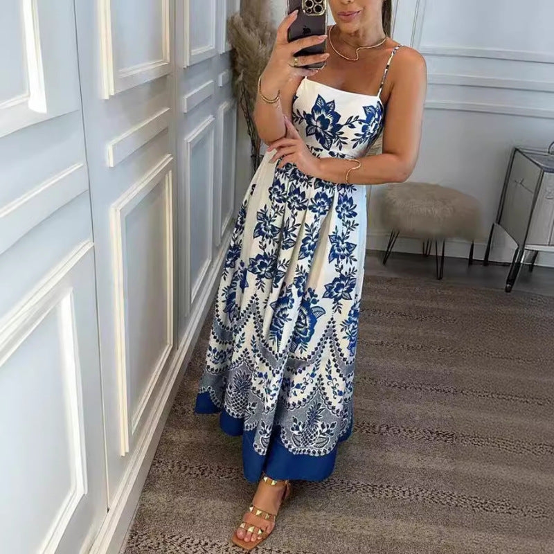 Vestido largo bohemio con tirantes y estampado informal para mujer en azul