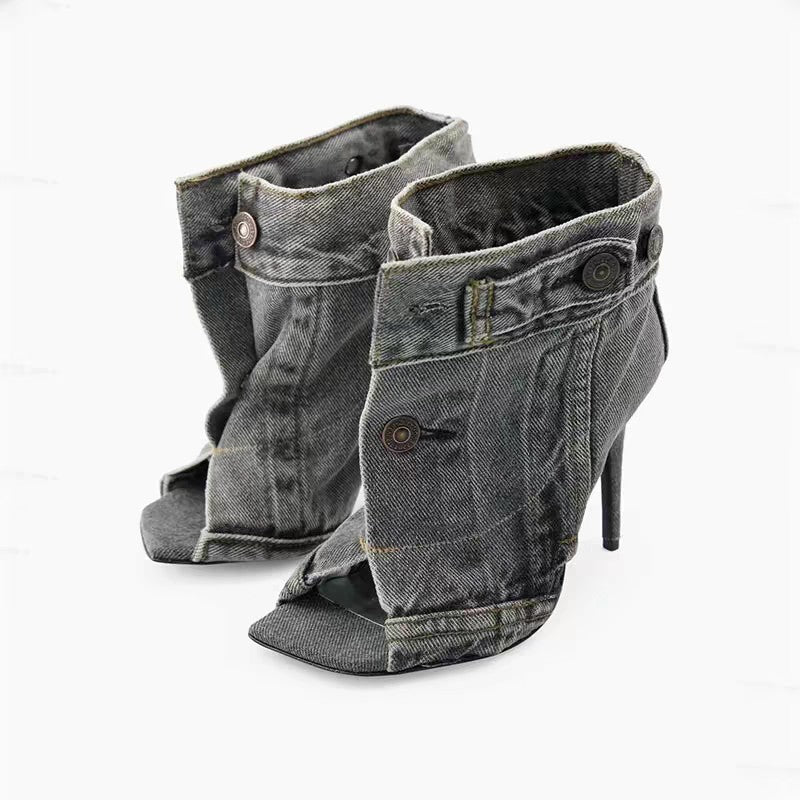 Zapatos casuales de mezclilla con punta cuadrada y tacón grueso para mujer