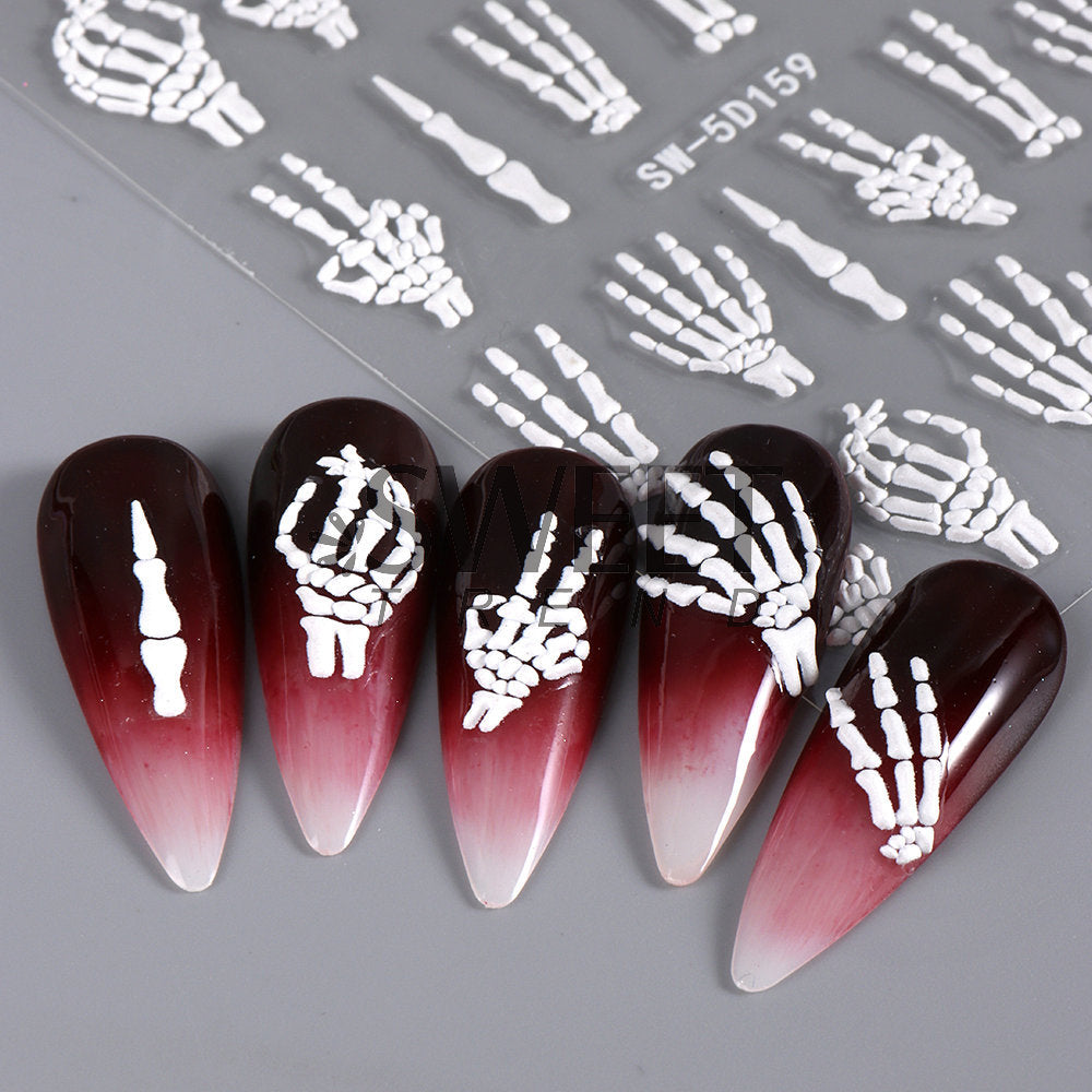 Autocollants pour ongles 5D en relief pour femmes, motif tête de mort, araignée, os, citrouille, Halloween