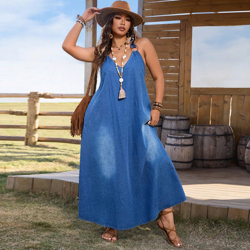 Vestido vaquero sin mangas con escote en V profundo y talla grande a la moda para mujer