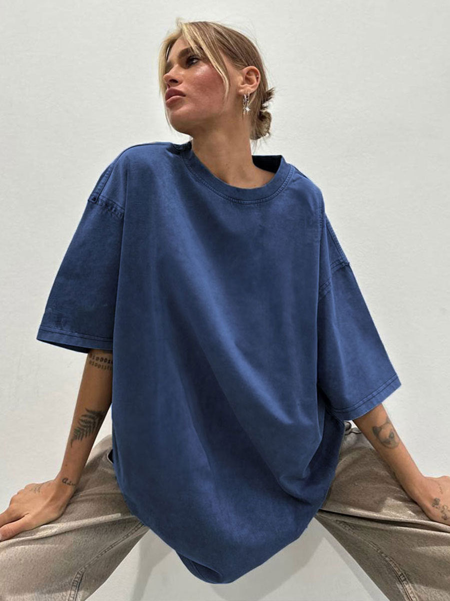 Camiseta informal holgada de manga corta en color liso para mujer