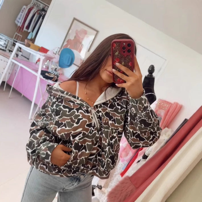 Autumn Western Animal Print Zipper Sweatshirt