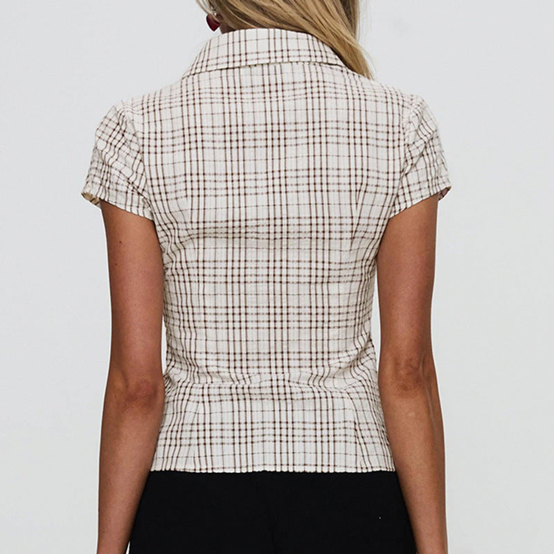 Blusa informal de manga corta con solapa y rayas para mujer