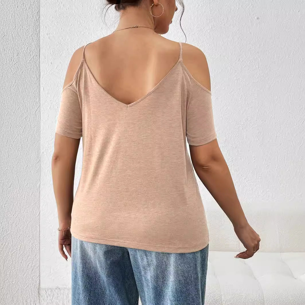 Camiseta informal de talla grande para mujer, color liso, hombros descubiertos, mezcla de algodón