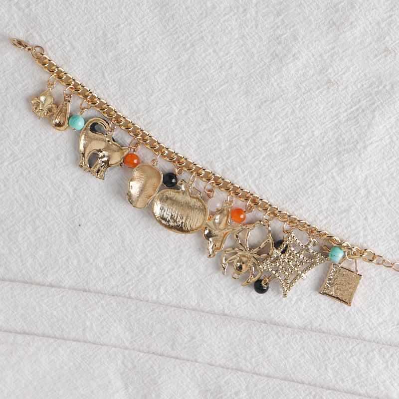 Pulsera de Halloween con colgante de calavera de calabaza, fantasma y araña de diamante