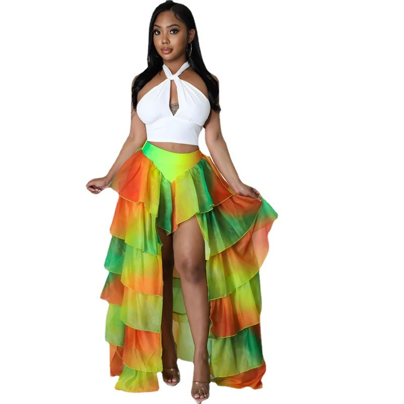 Falda con volantes y abertura frontal con estampado multicolor sexy para mujer