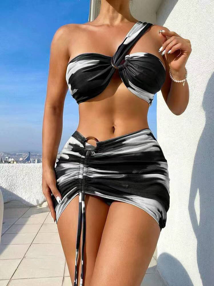 Traje de baño sexy de tres piezas con estampado tie-dye para mujer