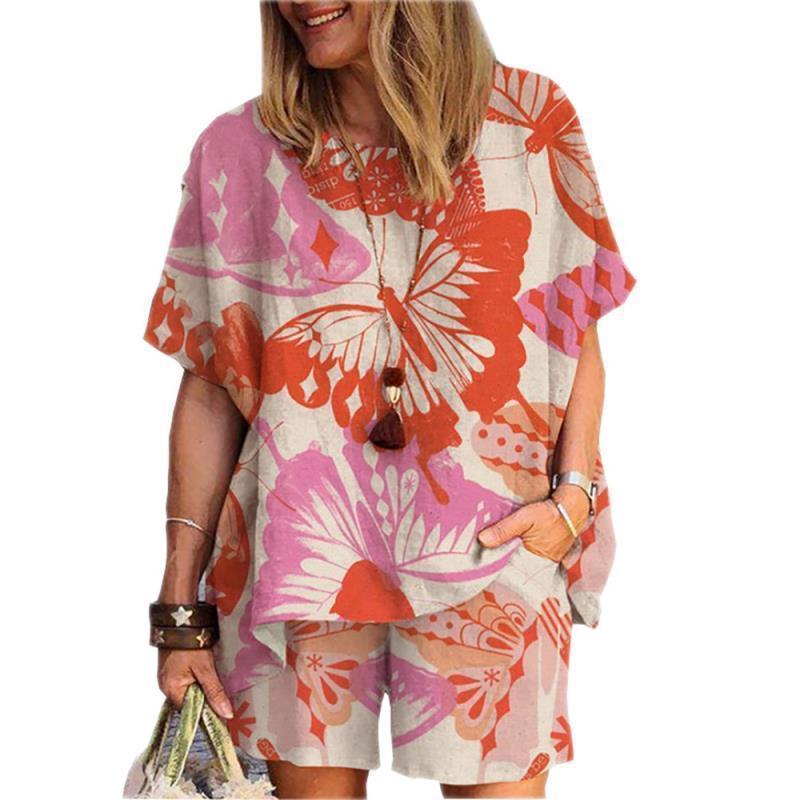 Women's Fashion Geometric Fawn Cotton and Linen Two-Piece Set