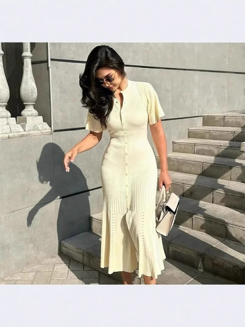 Women Fashion Short Sleeve Knitted Dress in Solid Colors