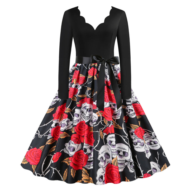 Vestido informal de Halloween con estampado de calavera y rosa para mujer